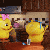 a cartoon duck with a pink bow on its head stands next to another duck