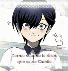 a cartoon of a girl with the words karma cuando le dicen que es de camila