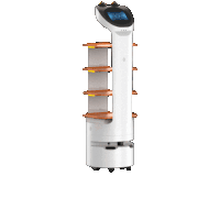 a white and orange robot with a display screen