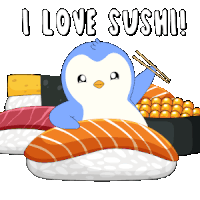 a penguin is holding chopsticks while sitting on a piece of sushi with the words i love sushi below it