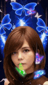 a woman is surrounded by blue butterflies and a green item in her mouth