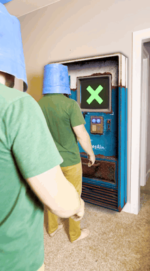 two men standing in front of a vending machine that says sunshine