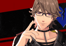 a man wearing glasses and a choker holds his finger to his chin