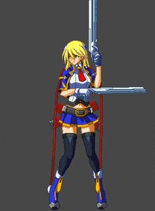 a pixel art of a girl holding two guns in her hands