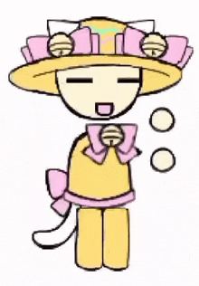 a cartoon character wearing a yellow hat and a pink bow tie .