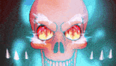 a pixel art drawing of a skull with fire eyes