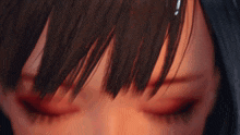 a close up of a girl 's eyes with red eyeshadow