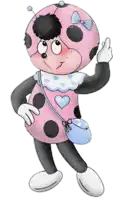 a ladybug wearing a pink dress with black polka dots and a blue purse