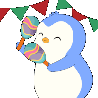 a penguin is holding a pair of maracas in front of red green and white flags
