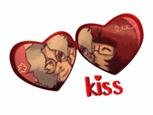 two red hearts with the word kiss in red