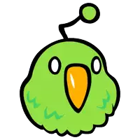 a cartoon drawing of a green bird with an orange beak and eyes