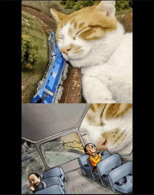a cat sleeping next to a toy train and a cartoon of a man sitting in a bus