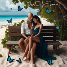 a man and woman sitting on a bench on the beach with butterflies around them and the words our safe space