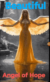a woman in a yellow dress with angel wings is standing in a body of water
