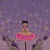 a girl is sitting on a pink lotus flower in a painting .