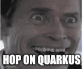 a close up of a man 's face with a caption that says `` hop on quarkus '' .