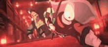 a group of anime characters are standing next to each other in a room with red lights .