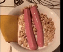 a plate of cereal with two hot dogs and a piece of cheese .