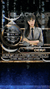 a woman in a suit and tie is standing in front of a sign that says captain dera on it