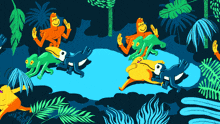 a cartoon illustration of monkeys chameleons and toucans in a jungle
