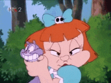 a cartoon girl with a skull on her head is holding a mouse in her hand