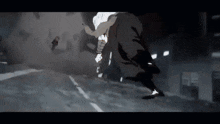 a person in a trench coat is running down a snowy street