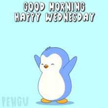 a penguin says good morning happy wednesday in white letters