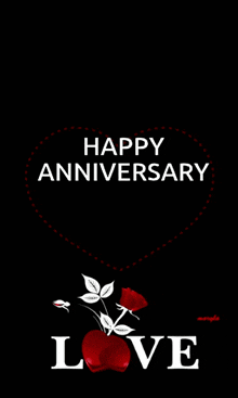 a happy anniversary card with red roses and hearts on a black background