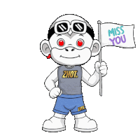 a cartoon character holding a miss you flag