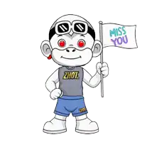 a cartoon character holding a miss you flag