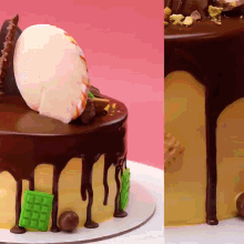 a close up of a cake with chocolate icing