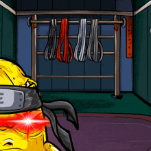 a cartoon character with a headband on has a red light coming out of his eye