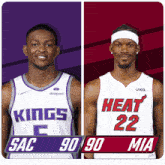 two basketball players one from the kings and one from the heat are standing next to each other