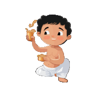 a cartoon boy is kneeling down holding a cup of coffee
