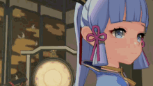 a blue haired anime girl with a red bow in her ear