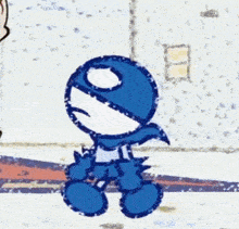 a cartoon character wearing a blue cape and scarf is walking in the snow