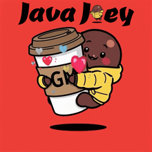 a cartoon of a bean holding a coffee cup with ogm on it