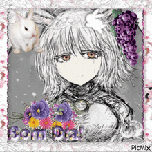 a black and white drawing of a girl with flowers and the words bom dia on the bottom