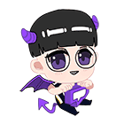 a cartoon character with purple horns and wings is holding a purple bag .