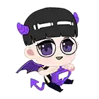 a cartoon character with purple horns and wings is holding a purple bag .