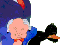 a cartoon pig is being spanked by a duck in a suit