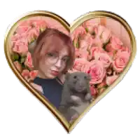 a heart shaped picture frame with a woman and a rat inside of it