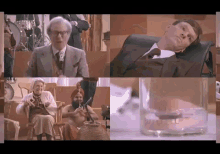 a man in a suit is laying in a chair in a collage of images