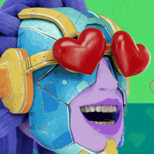 a cartoon illustration of a woman wearing a helmet with hearts in her eyes