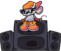 a mouse wearing sunglasses and a hat is sitting on top of a speaker