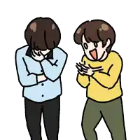 a drawing of a boy covering his face with his hands and another boy laughing
