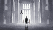 a man with a sword stands in front of a large window