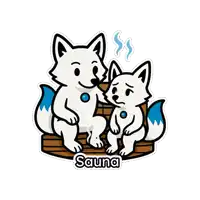 a sticker of two foxes in a sauna with the word sauna below them