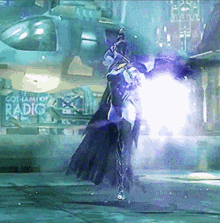 a person is standing in front of a sign that says " gotham radio "