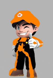 a cartoon character wearing an orange hat and overalls gives a thumbs up